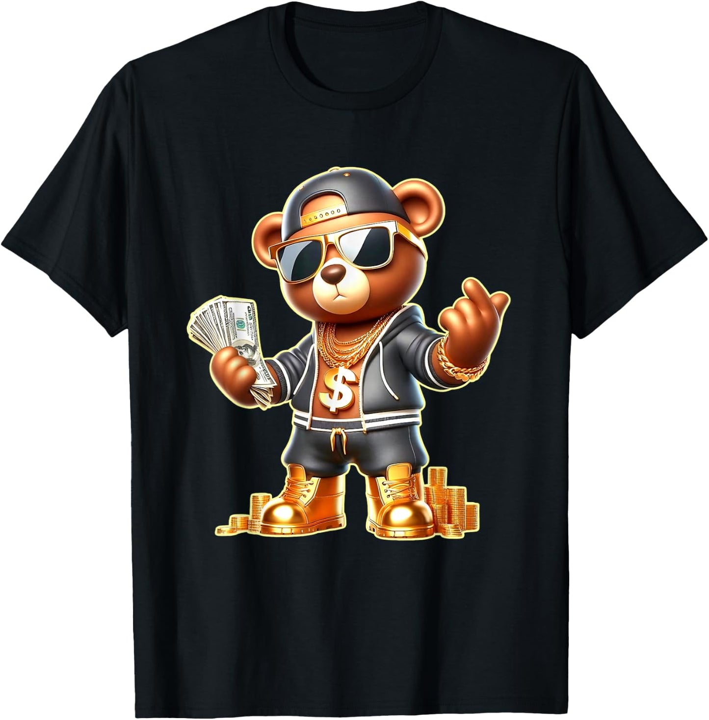 Golden Teddy Bear Money Stacks Golden Chain Gangsta T-Shirt - T-Shirt | Black