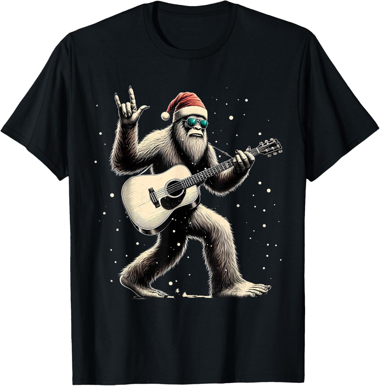 Funny Bigfoot Santa Hat Christmas Bigfoot Playing Guitar T-Shirt - T-Shirt | Black