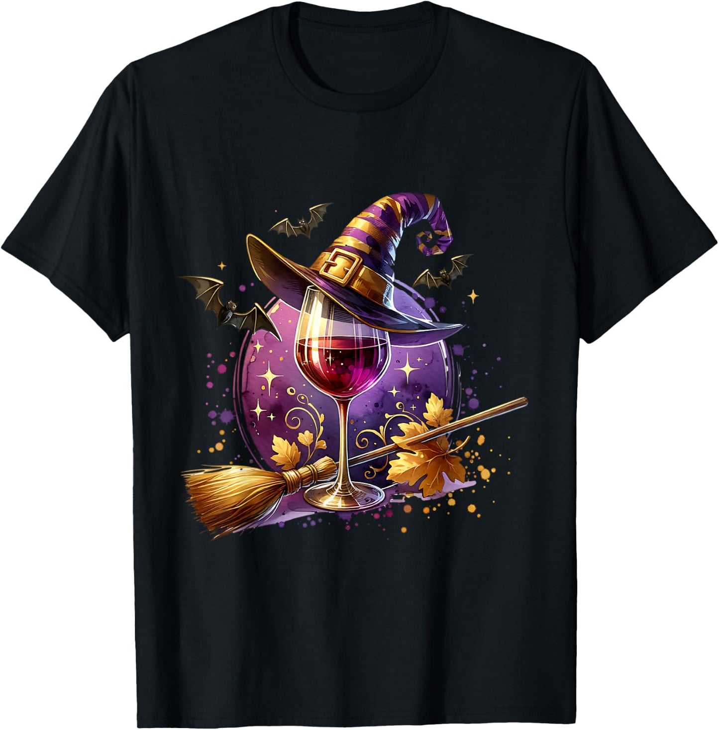 Halloween Witch Hat Wine Glass Cute Wine Lover Halloween T-Shirt - T-Shirt | Black
