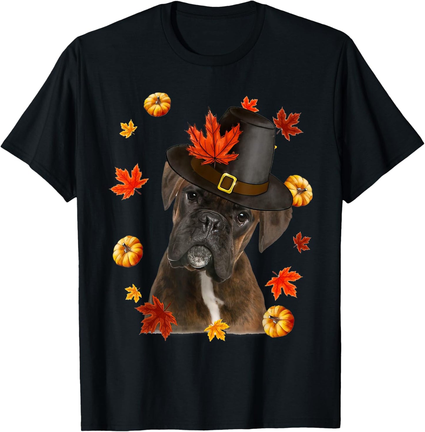 Boxer Dog Pilgrim Hat Fall Happy Thanksgiving Day T-Shirt - T-Shirt | Black