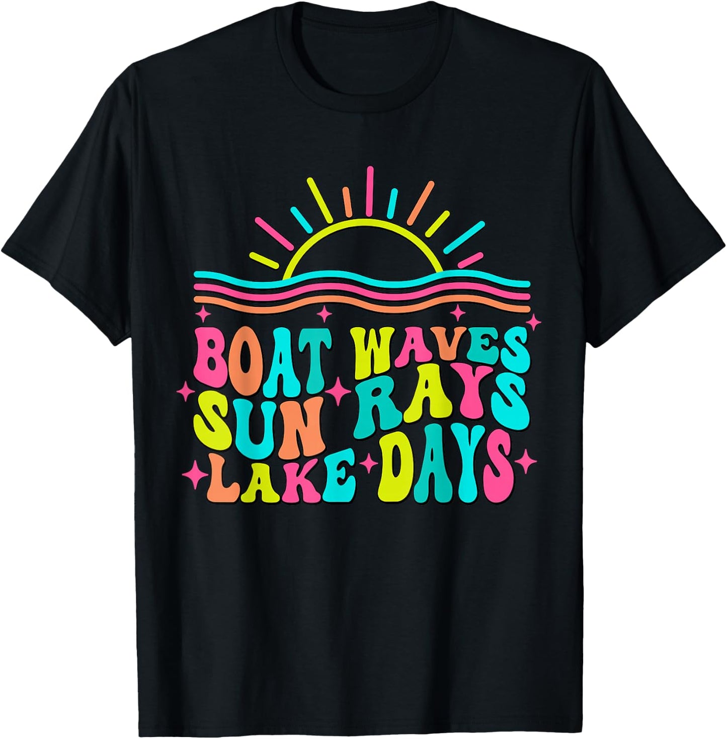 Boat Waves Sun Rays Lake Days Retro Summer vacation T-Shirt - T-Shirt | Black
