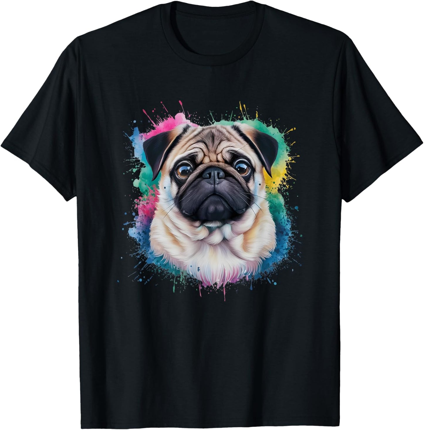 Men Woman Colorful Watercolor Pug T-Shirt - T-Shirt | Black