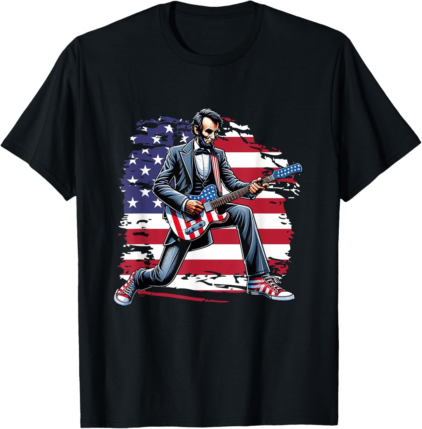 American Flag Patriotic Rock Guitar Abe Lincoln 4th Of July T-Shirt - T-Shirt | Black