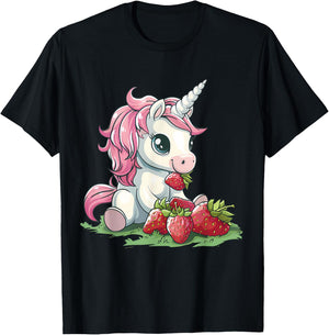 Strawberry Unicorn Cute Strawberries Drawing Motif T-Shirt - T-Shirt | Black