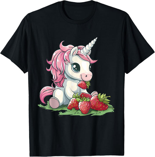 Strawberry Unicorn Cute Strawberries Drawing Motif T-Shirt - T-Shirt | Black