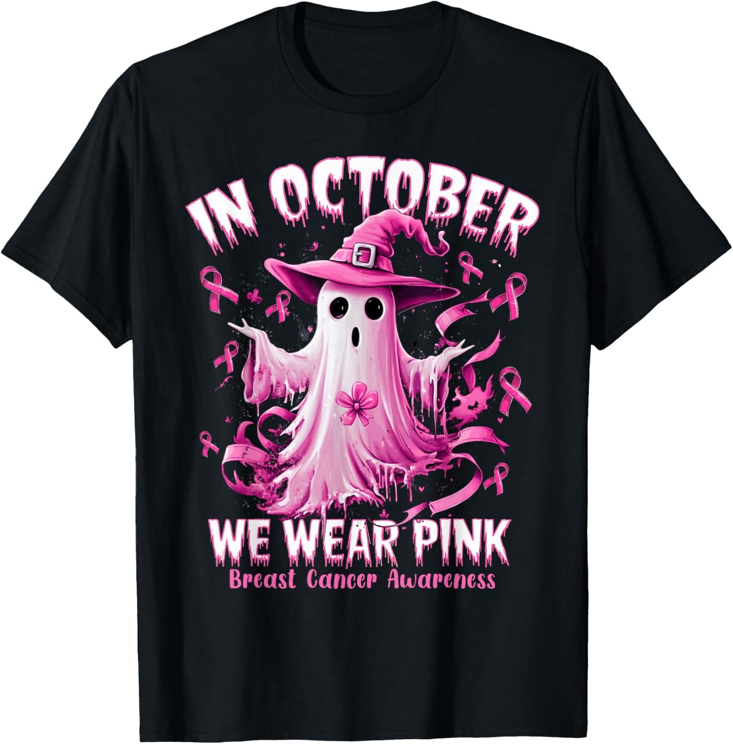 In October We Wear Pink Ghost Witch Breast Cancer Awareness T-Shirt - T-Shirt | Black