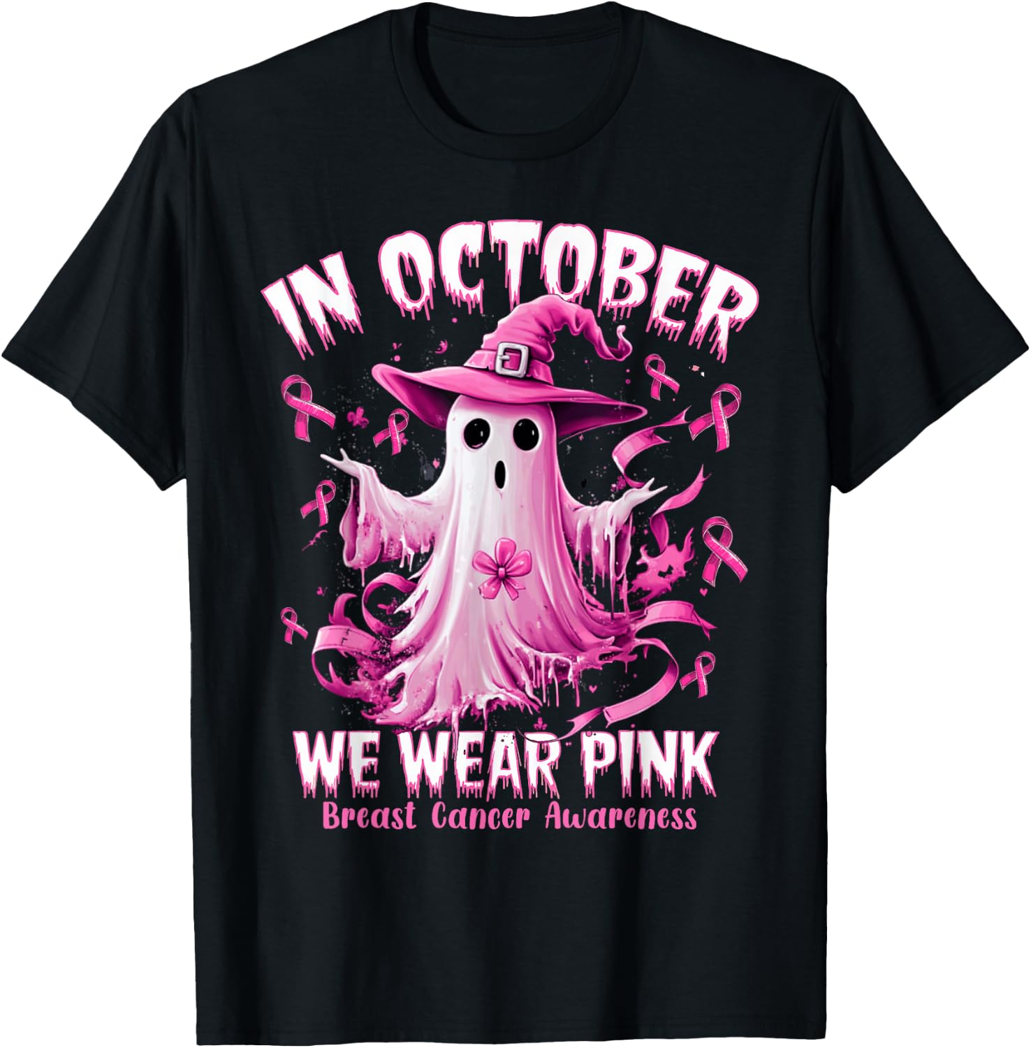 In October We Wear Pink Ghost Witch Breast Cancer Awareness T-Shirt - T-Shirt | Black
