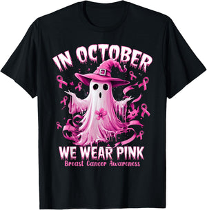 In October We Wear Pink Ghost Witch Breast Cancer Awareness T-Shirt - T-Shirt | Black