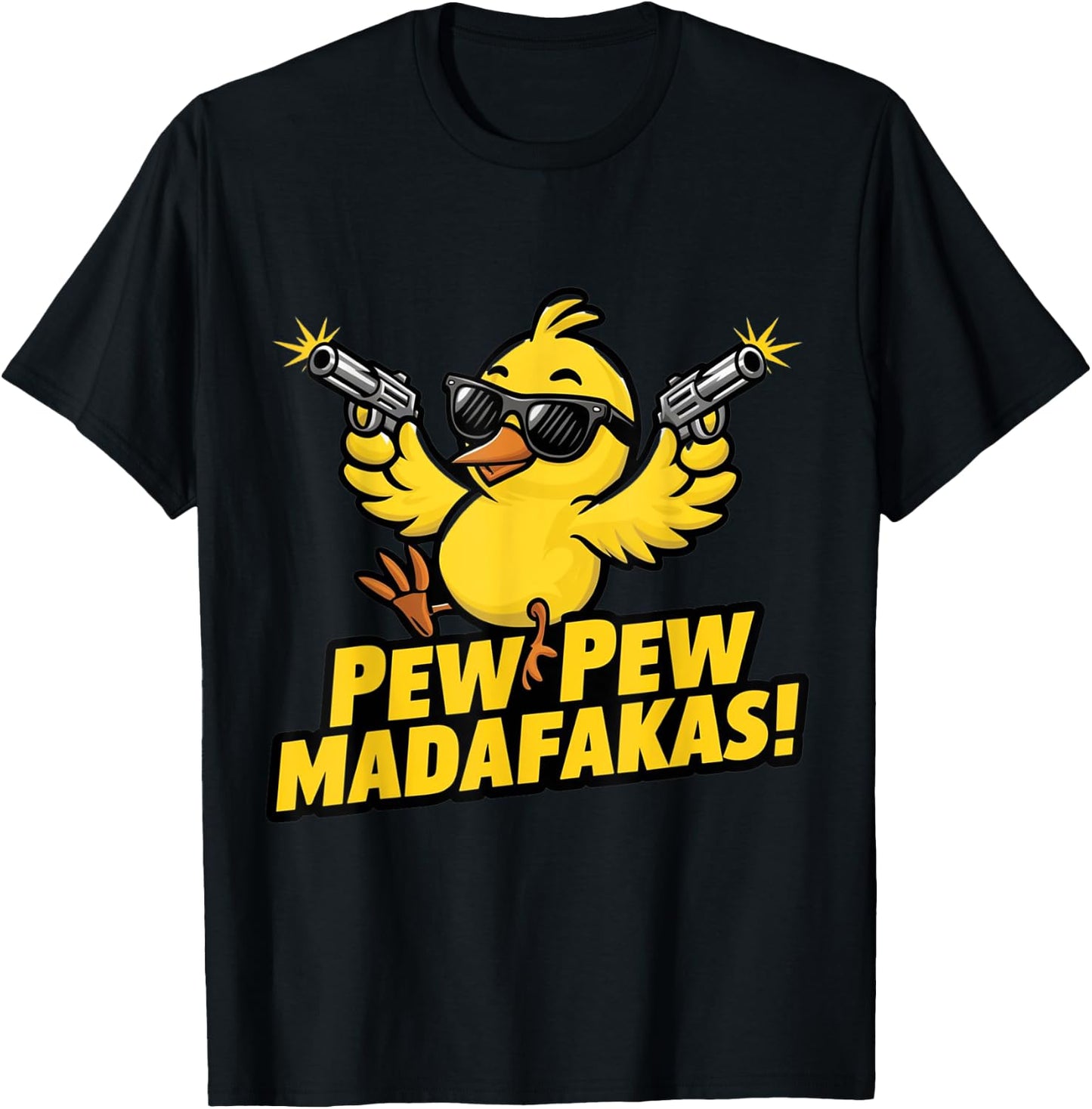 Pew Madafakas Pew Retro Chick with Guns for Duck Enthusiasts T-Shirt - T-Shirt | Black
