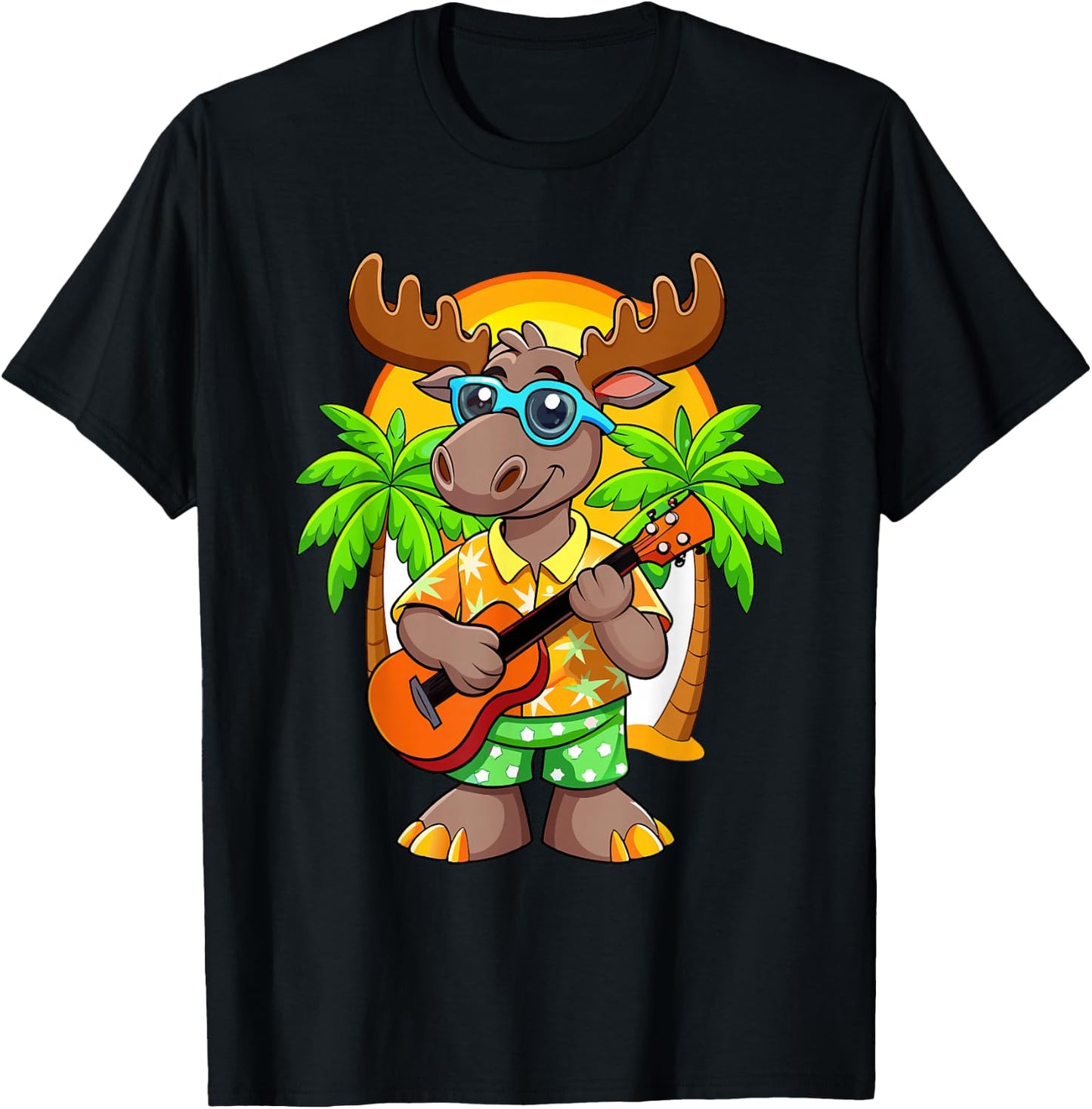 Funny Moose Summer Beach Sunglasses Hawaiian with Ukelele T-Shirt - T-Shirt | Black