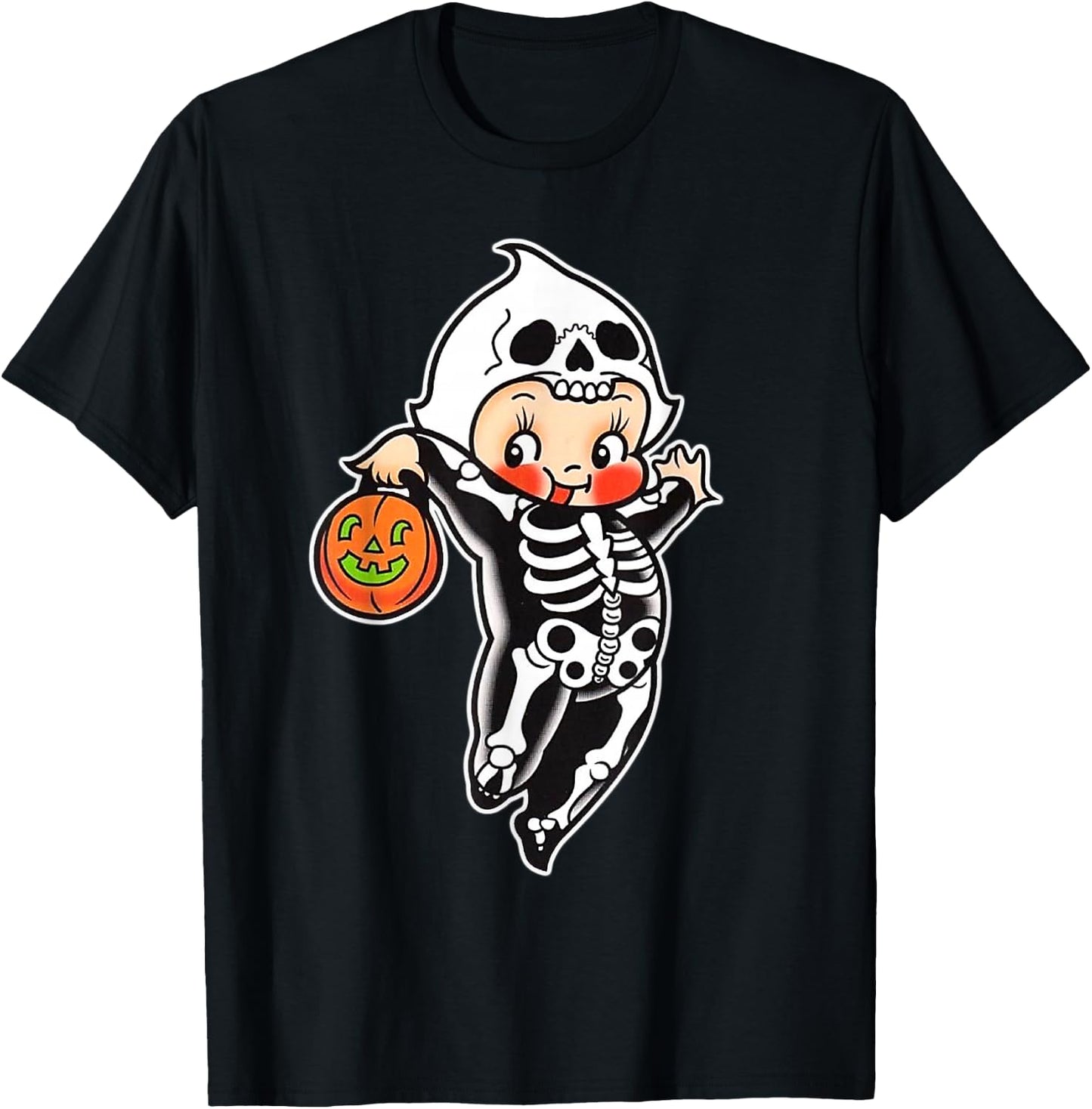Kewpie Baby Spooky Skeleton Halloween Costume Tattoo Flash T-Shirt - T-Shirt | Black
