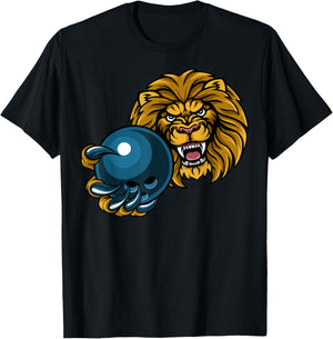 Lion Cartoon Sports Lions Team Mascot Holding Bowling Ball T-Shirt - T-Shirt | Black