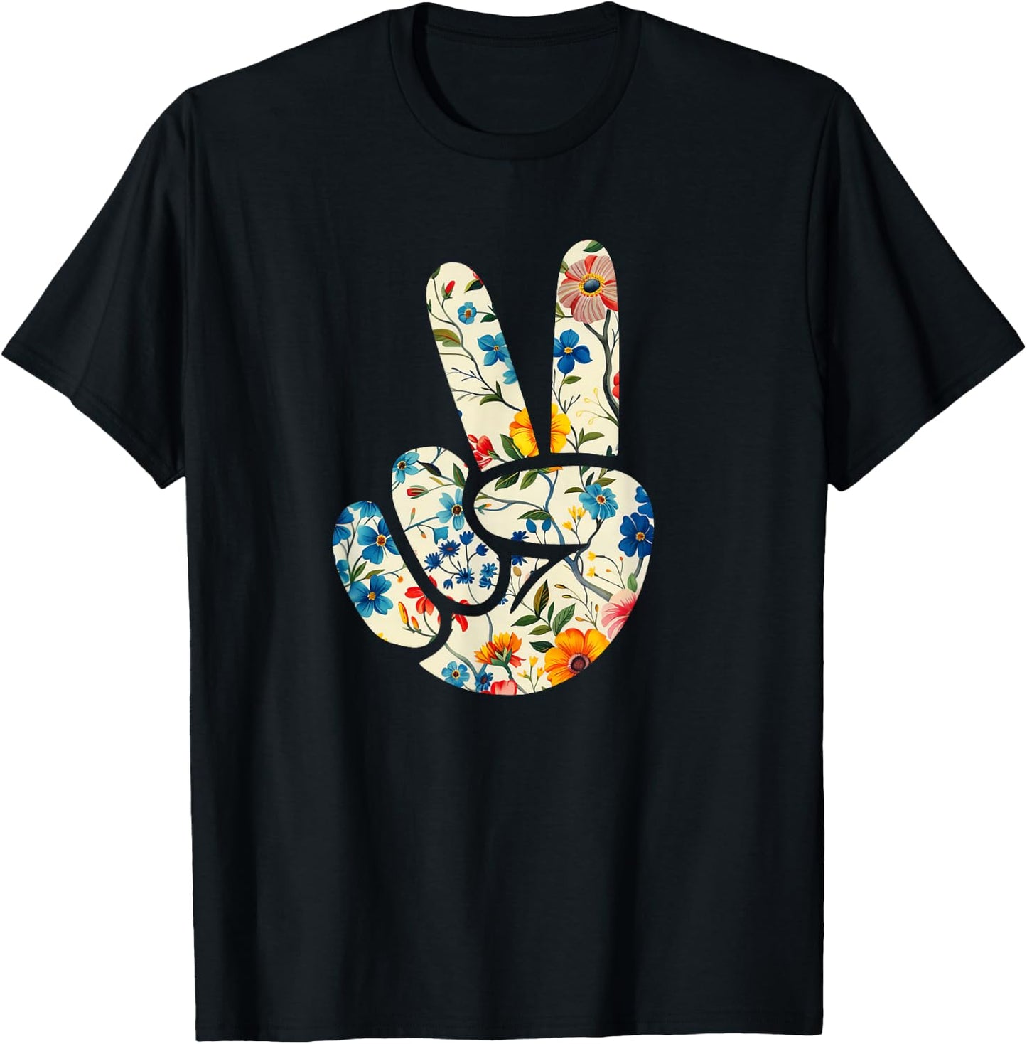 Elegant Silhouette Wildflowers Floral Peace Sign Hand T-Shirt - T-Shirt | Black