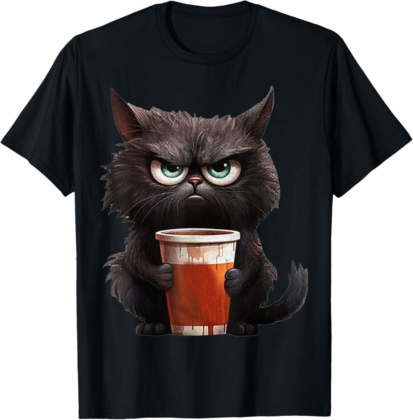 Cute Black Cat drinking coffee cup - Grumpy angry black cat Men Women Kids T-Shirt - T-Shirt | Black