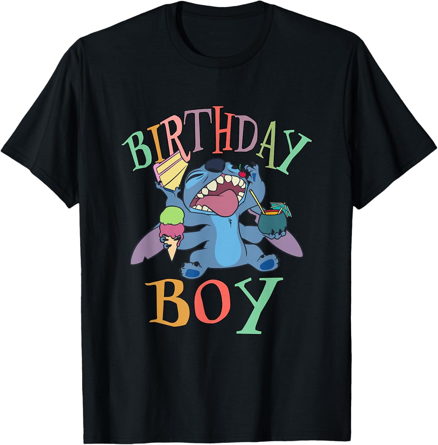 Disney Lilo & Stitch Birthday Boy Stitch Enjoying Big Logo T-Shirt - T-Shirt | Black