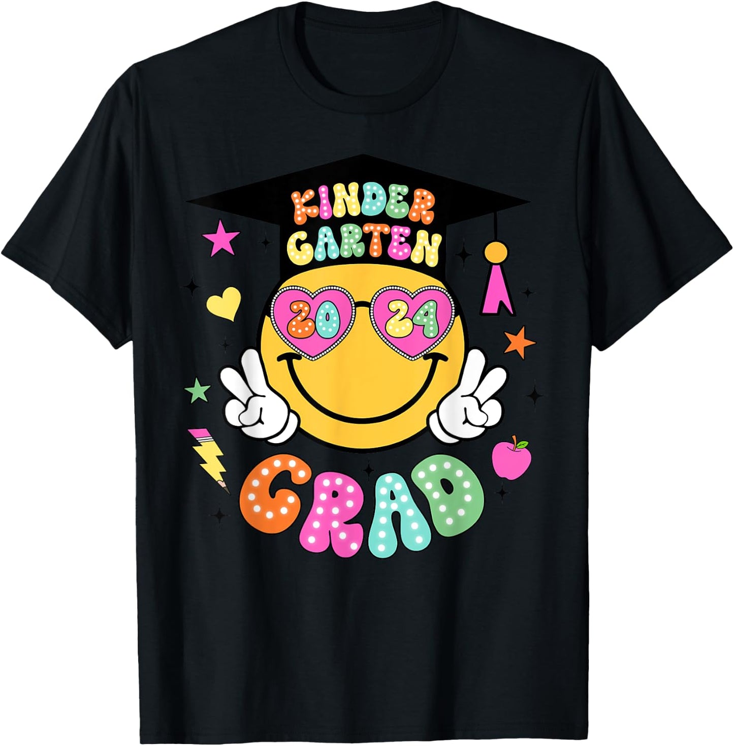 Groovy Kindergarten Graduate Happy Face Graduation 2024 Grad T-Shirt - T-Shirt | Black