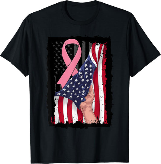 Pink Breast Cancer Awareness American USA Flag 4th of July Women Kids Men T-Shirt - T-Shirt | Black