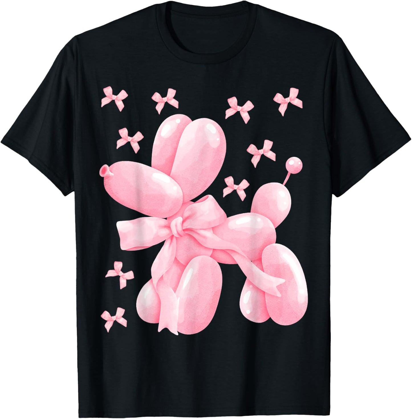 Pastel Pink Bow Balloon Dog Women Kids Girls Birthday Party T-Shirt - T-Shirt | Black