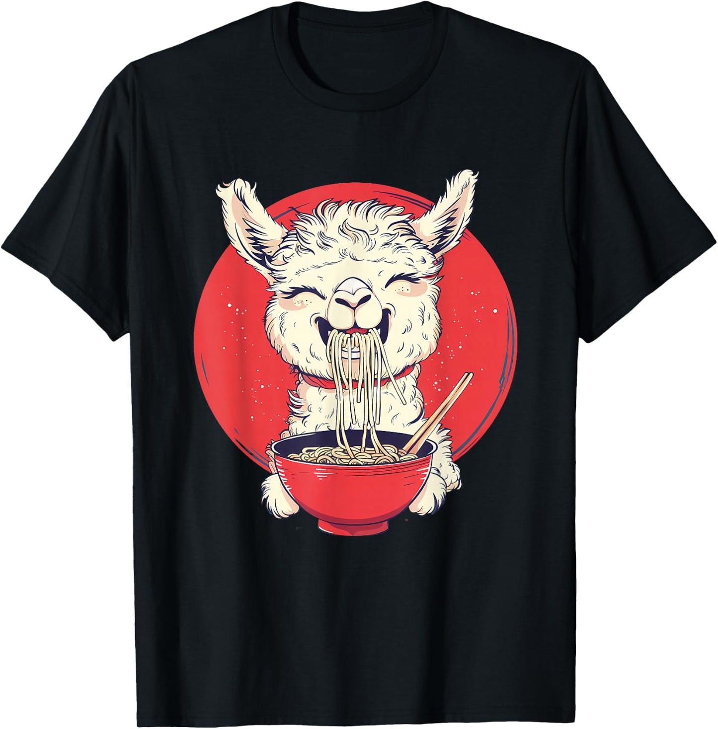 Llama Ramen Japanese Noodles Funny Llama Eating Ramen T-Shirt - T-Shirt | Black