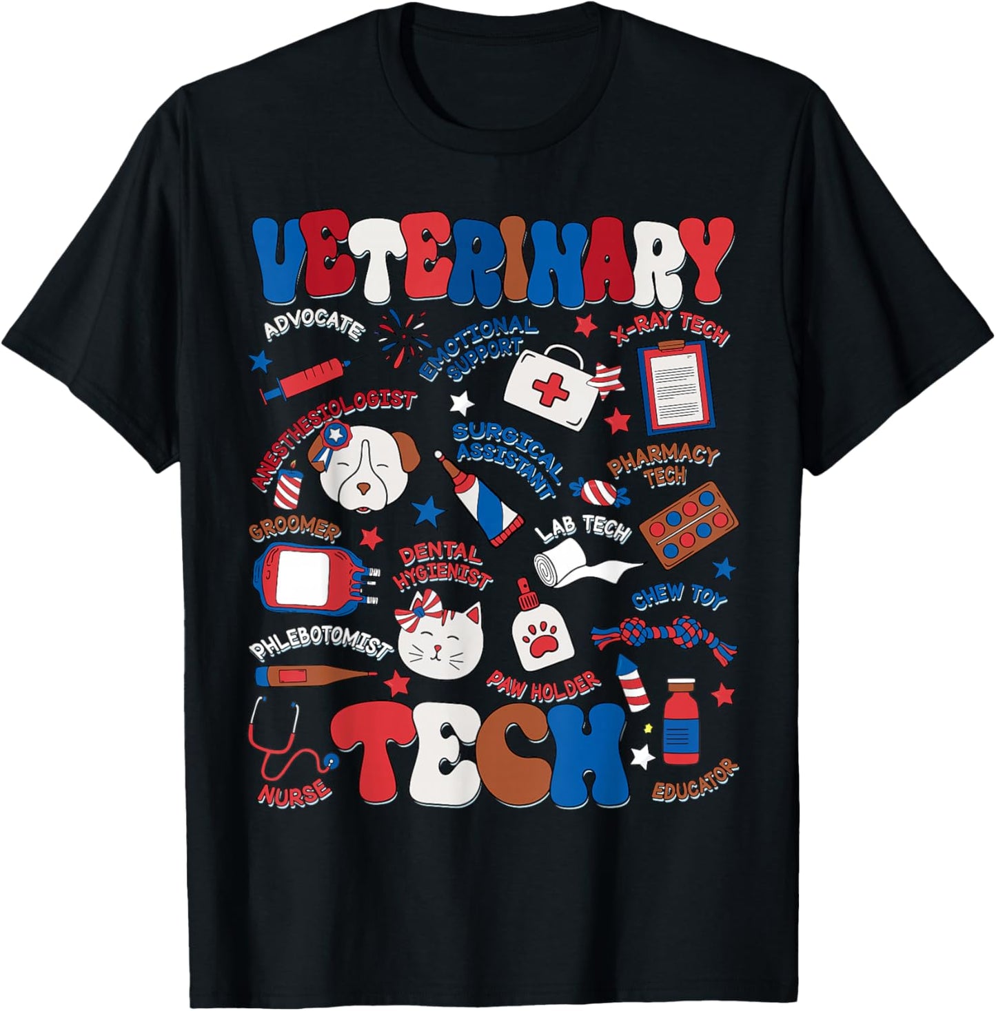 Retro Veterinary Tech Independence Day Patriotic Vet Tech T-Shirt - T-Shirt | Black