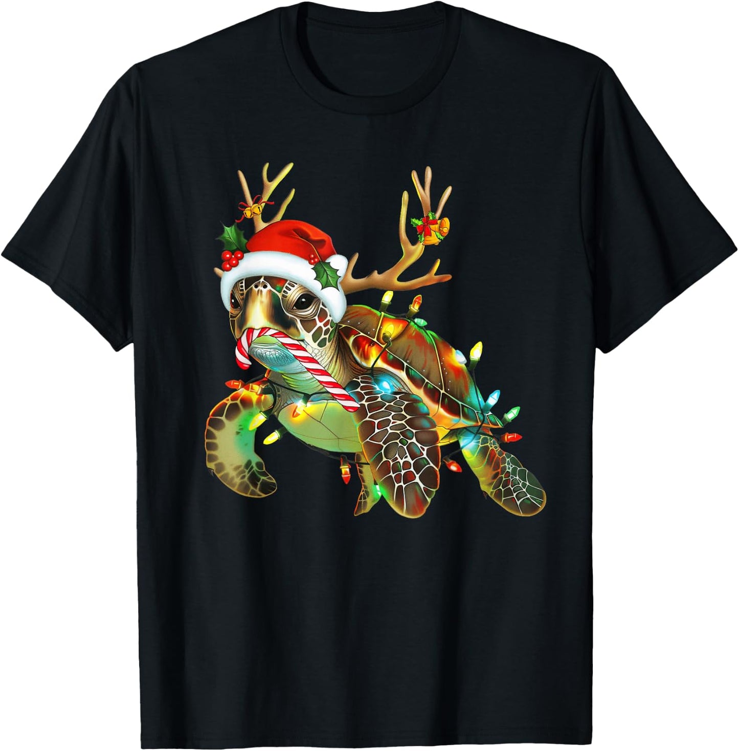 Sea Turtle Christmas Lights Santa Hat Merry Christmas 2024 T-Shirt - T-Shirt | Black