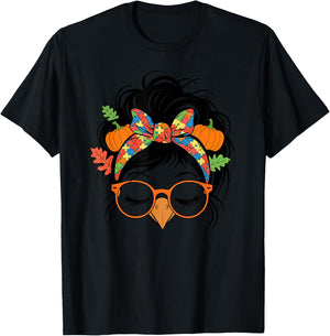 Autism Messy Bun Hair Turkey Fall Thanksgiving Girls T-Shirt - T-Shirt | Black