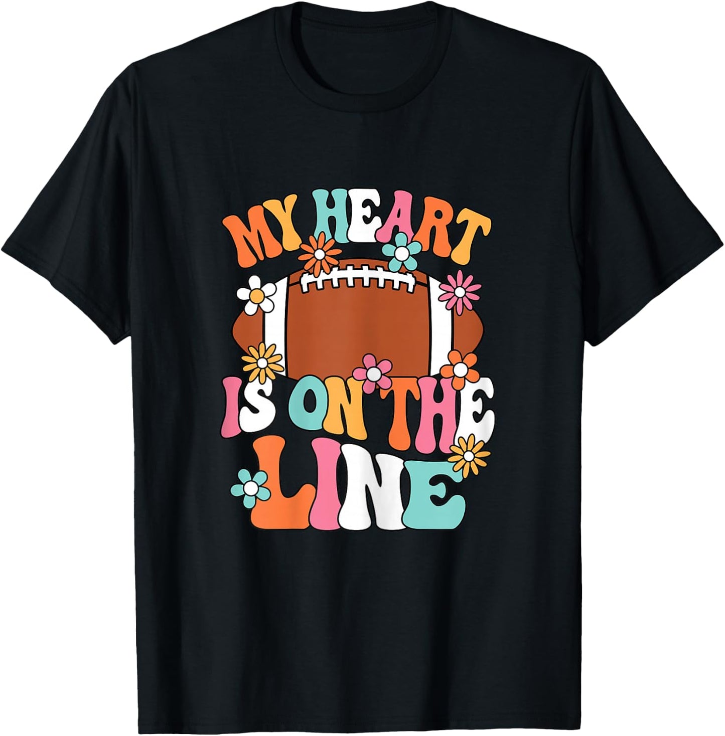 My Heart Is On The Line Groovy Women Football Mom Grandma T-Shirt - T-Shirt | Black