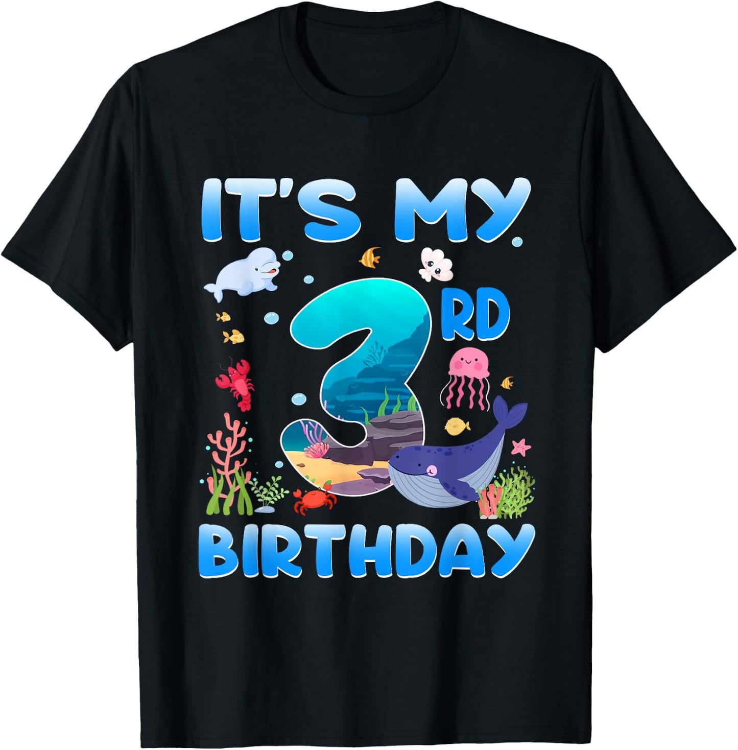 It's My 3rd Birthday 3 Years Old Kids Sea Animals Party T-Shirt - T-Shirt | Black