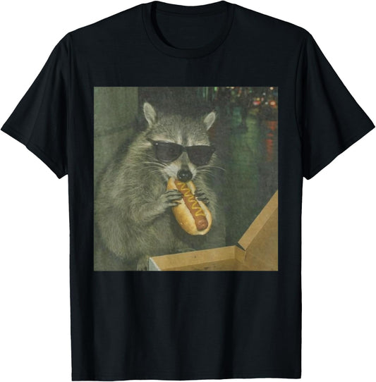 Funny Raccoon Eating Hot Dog Meme Wiener Lovers Patriotic T-Shirt - T-Shirt | Black
