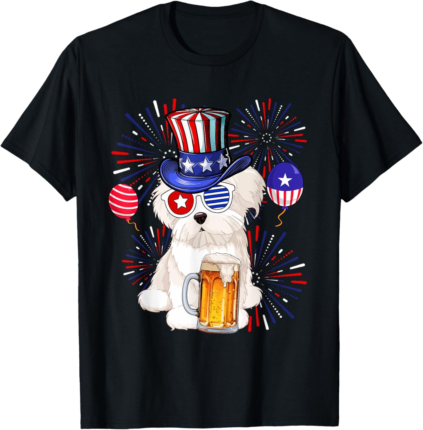 Maltese Sunglasses Drinking Beer 4th Of July Owner Lover T-Shirt - T-Shirt | Black