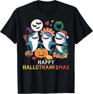 Happy Hallothanksmas Christmas Halloween, Shark Thanksgiving T-Shirt - T-Shirt | Black