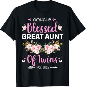 Double Blessed Great Aunt Of Twins Baby Reveal T-Shirt - T-Shirt | Black