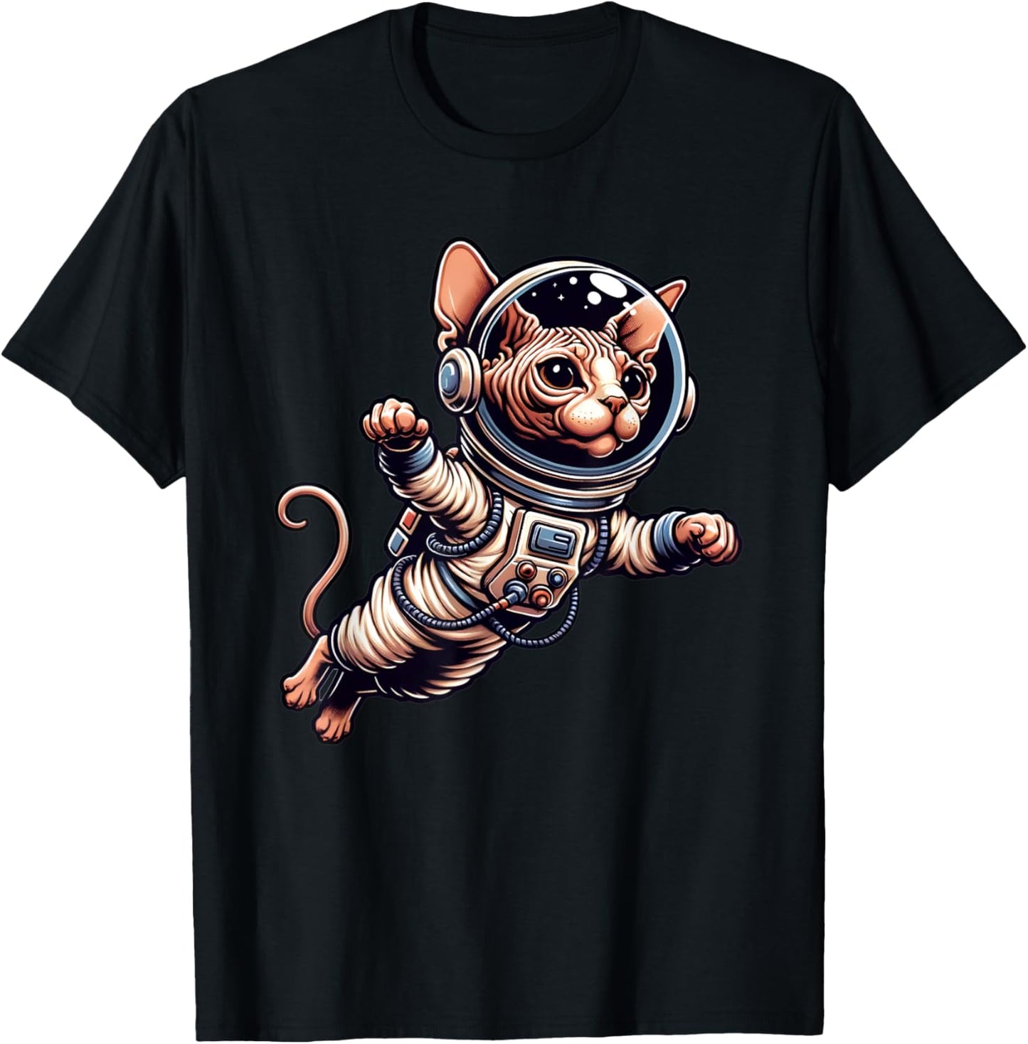 Astronaut Hairless Sphynx Cat Flying in Space Women Girls Kids T-Shirt - T-Shirt | Black