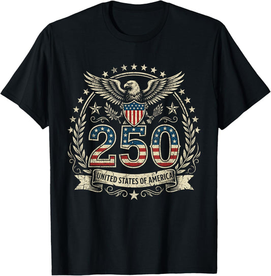 Patriotic 250 Years USA 250 Anniversary American 4th of July T-Shirt - T-Shirt | Black