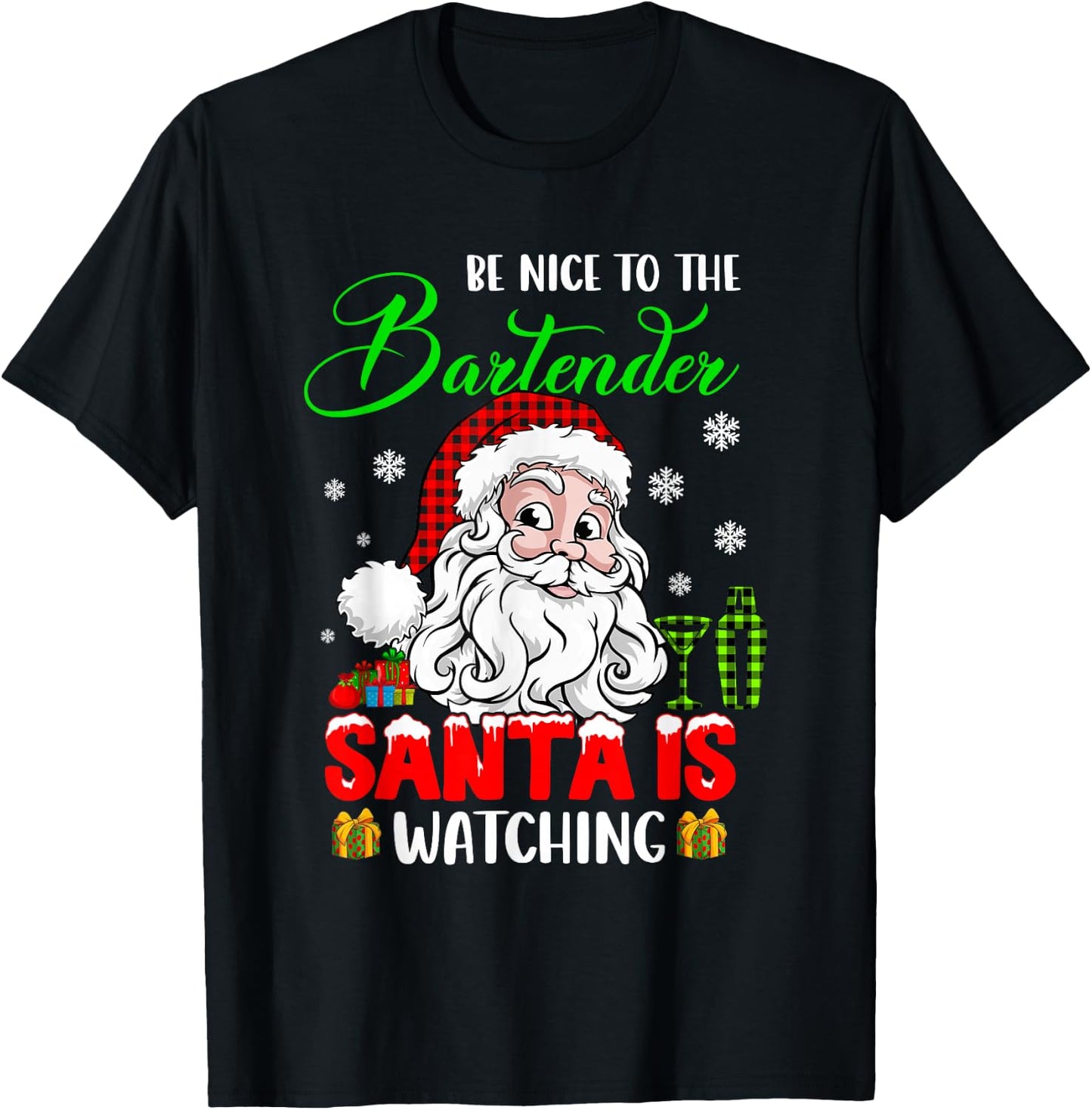 Be Nice To The Bartender Santa Is Watching Xmas Santa Face T-Shirt - T-Shirt | Black