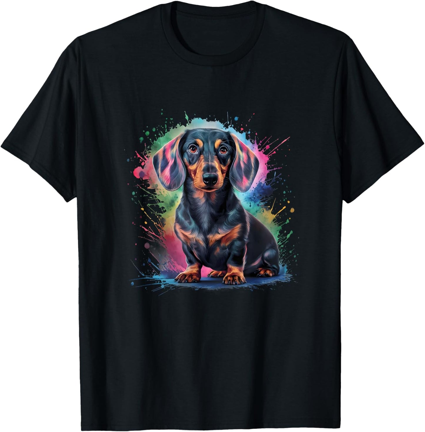 Men's Women's Colourful Watercolour Dachshund T-Shirt - T-Shirt | Black