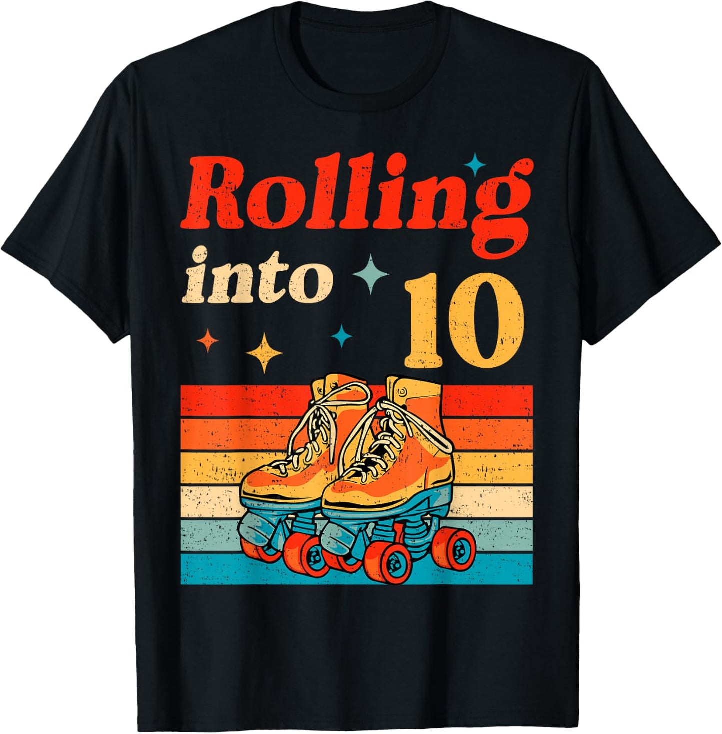 Rolling Into 10 Years Old Retro Roller Skater 10th Birthday T-Shirt - T-Shirt | Black