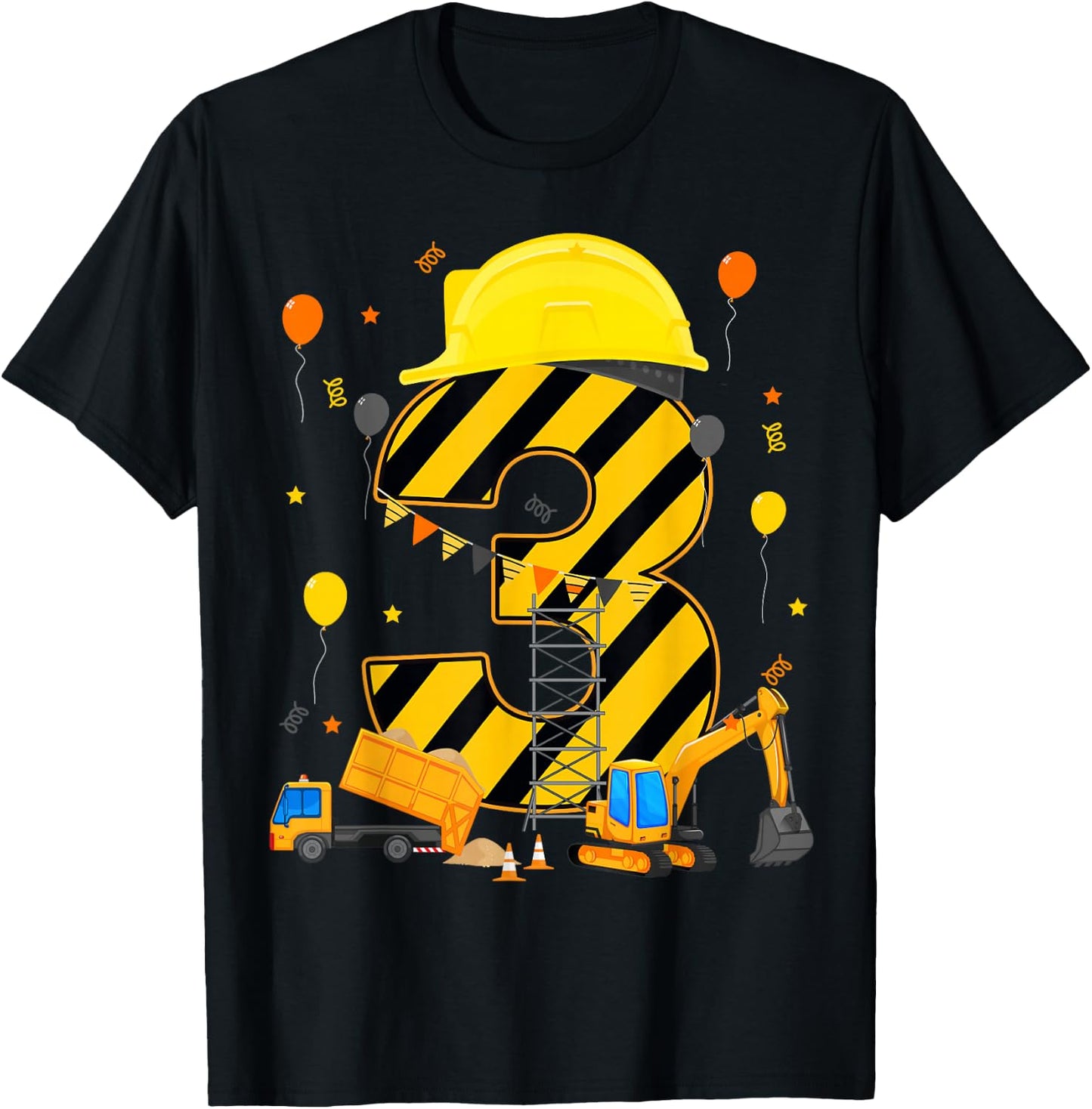 Three 3yr 3rd Birthday Construction Vehicles 3 Year Old T-Shirt - T-Shirt | Black