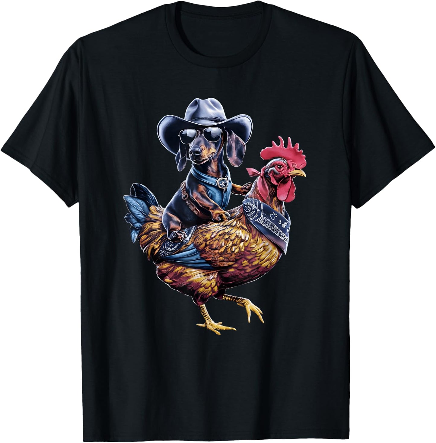 Dachshund Wiener cowboy riding a Chicken for dog lovers T-Shirt - T-Shirt | Black