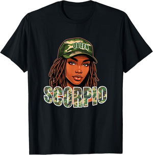 Scorpio Queen Black Woman Camo Hat Locs Birthday T-Shirt - T-Shirt | Black