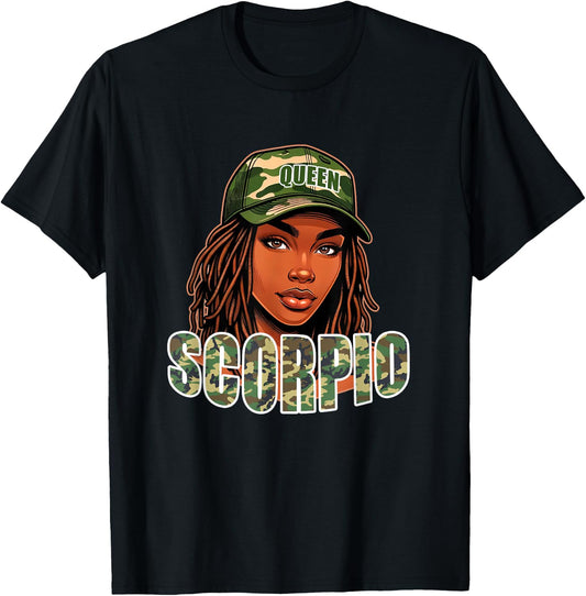 Scorpio Queen Black Woman Camo Hat Locs Birthday T-Shirt - T-Shirt | Black