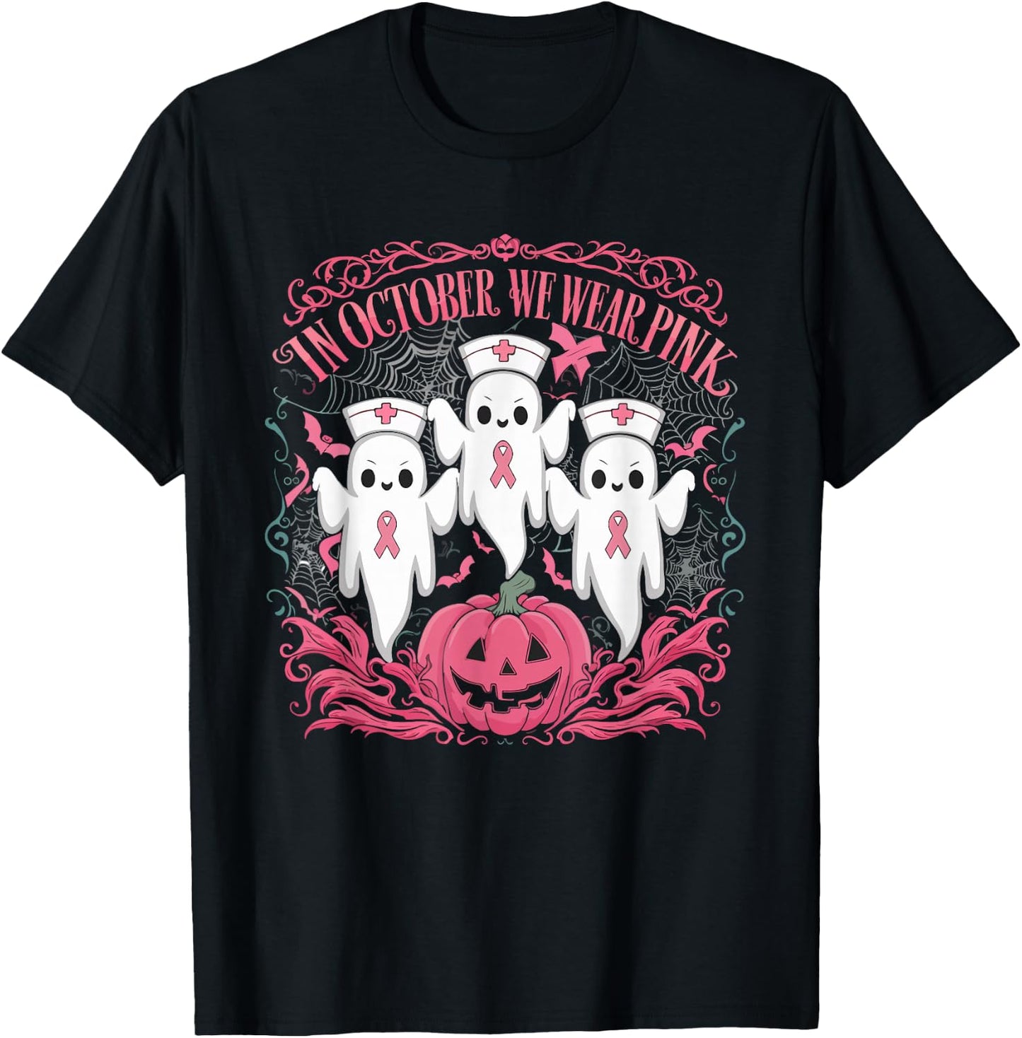 In October We Wear Pink Ribbon Nurse Ghost Halloween T-Shirt - T-Shirt | Black