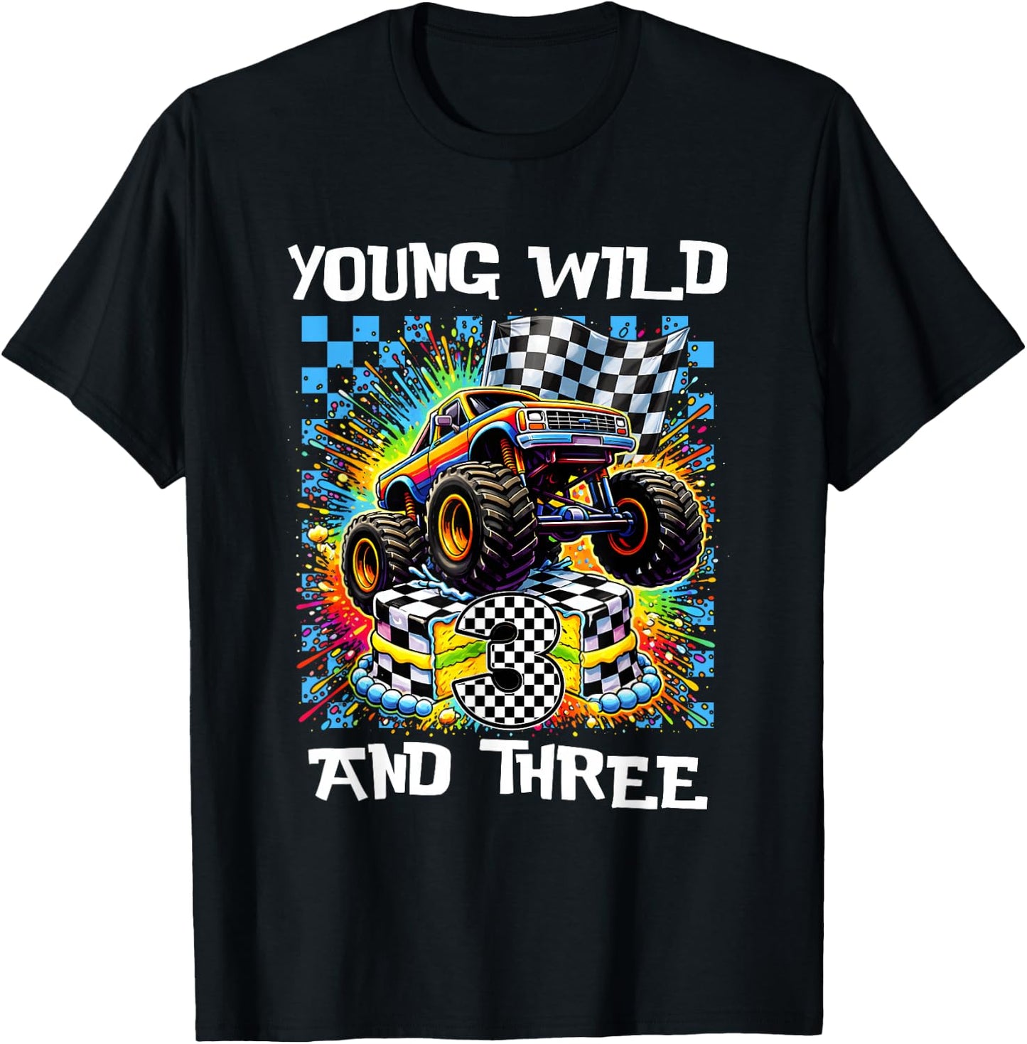 Boy Kids 3rd Birthday Monster Truck Young Wild and Three T-Shirt - T-Shirt | Black
