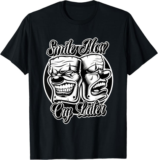 Smile Now Cry Later Chicano Lowrider Blackwork T-Shirt - T-Shirt | Black