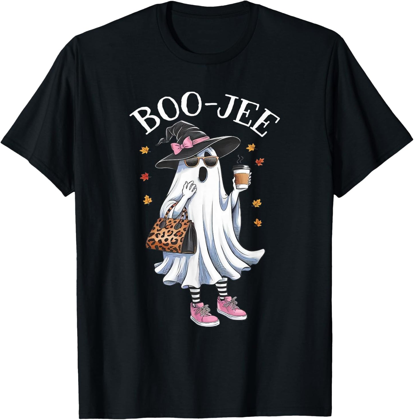Cute Boo Jee Ghost Halloween Leopard Coffee T-Shirt - T-Shirt | Black