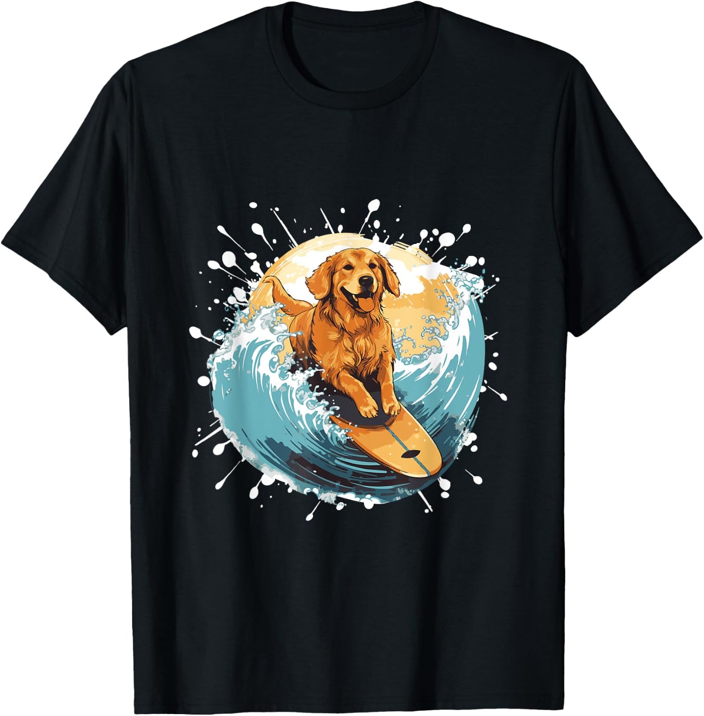 Golden Retriever Dog On Surfboard | Surfing Men Women Girls Kids T-Shirt - T-Shirt | Black