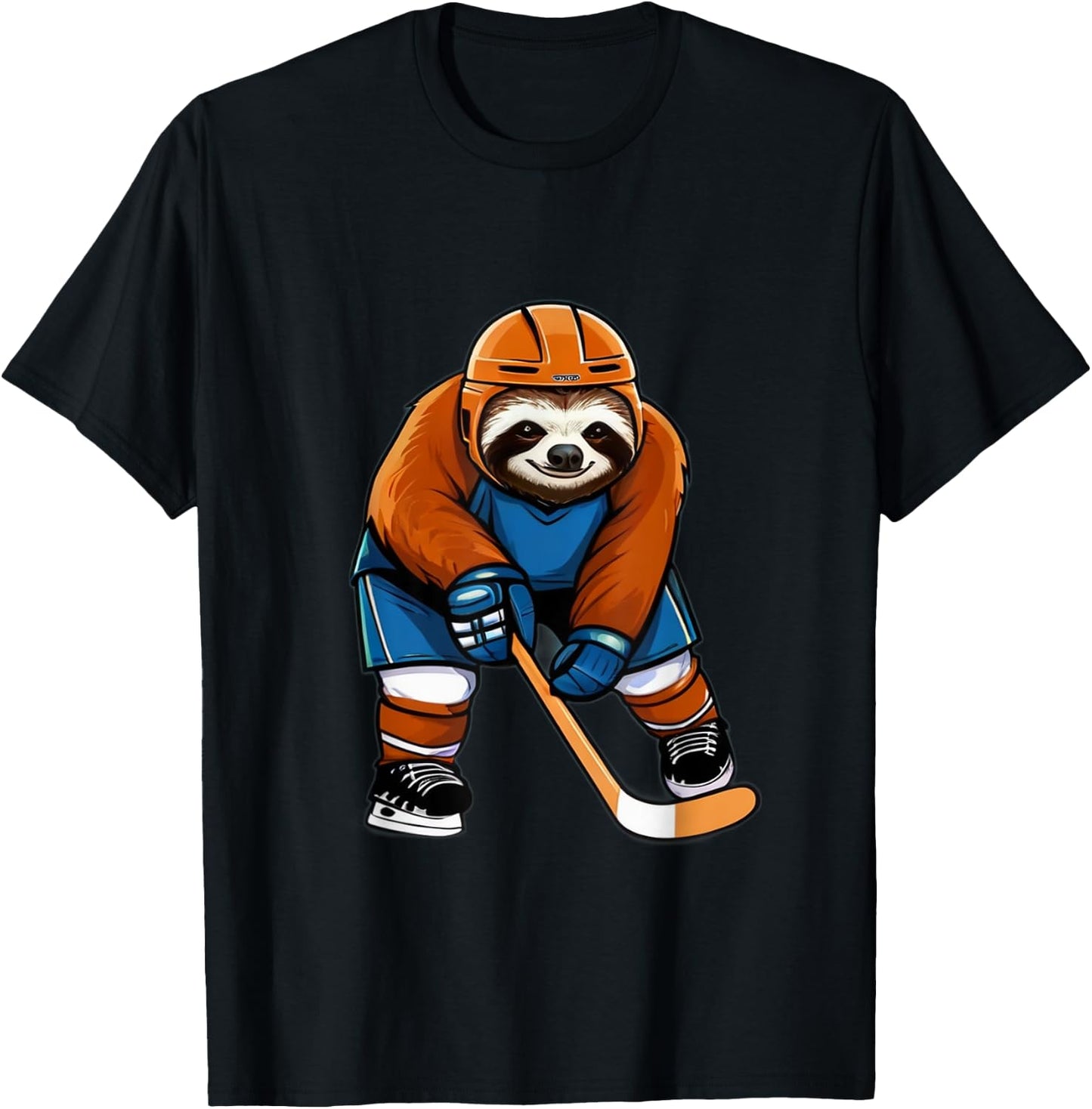 Sloth Playing Hockey Funny Sloth Hockey Player With Stick T-Shirt - T-Shirt | Black