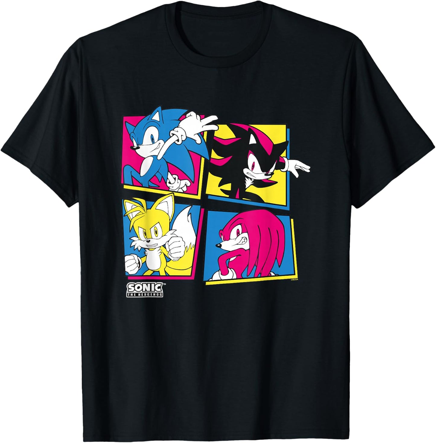 Sonic The Hedgehog Sonic Shadow Tails Knuckles Retro Panels T-Shirt - T-Shirt | Black