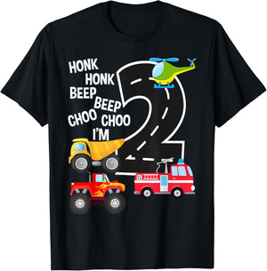 Kids Trucks 2nd Birthday Party Toddler I'm 2 Year Old Bday T-Shirt - T-Shirt | Black