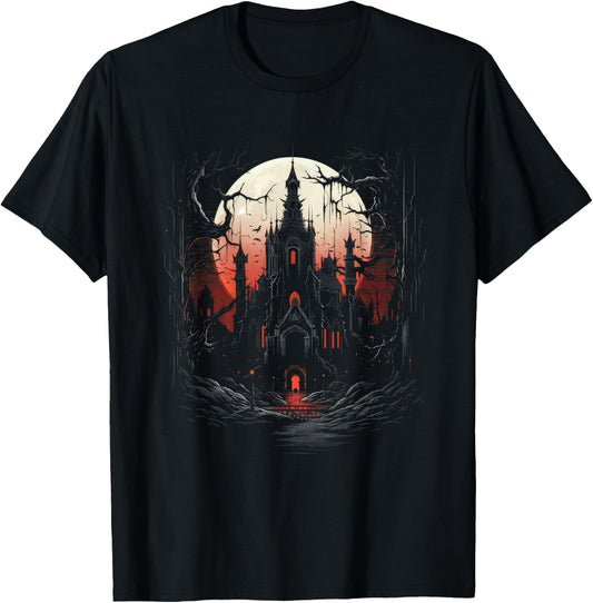 Eerie Vampire Castle Amidst Haunted Shadows Art T-Shirt - T-Shirt | Black